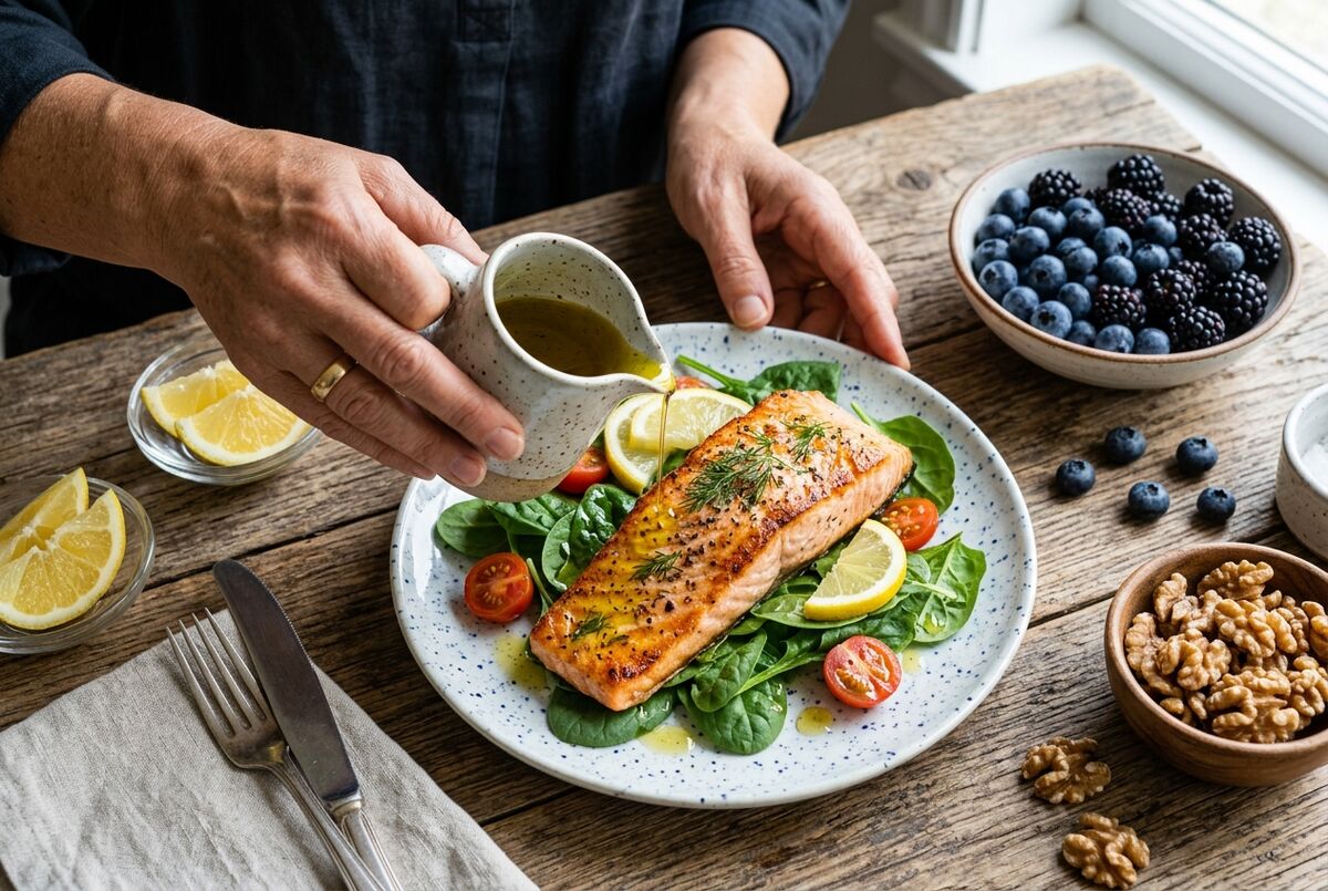Grilled salmon on spinach with blueberries, walnuts and olive oil being drizzled over