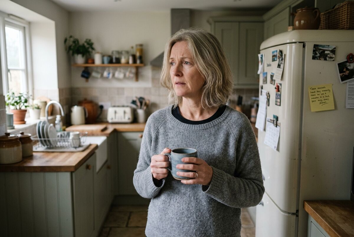 A woman in her fifties standing in her kitchen holding a mug, looking puzzled