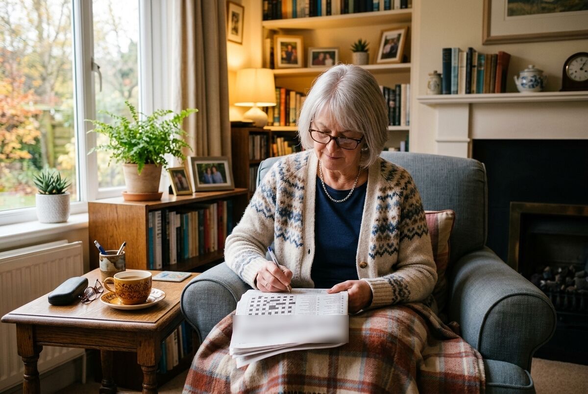 A woman with silver hair and reading glasses doing a crossword in her armchair