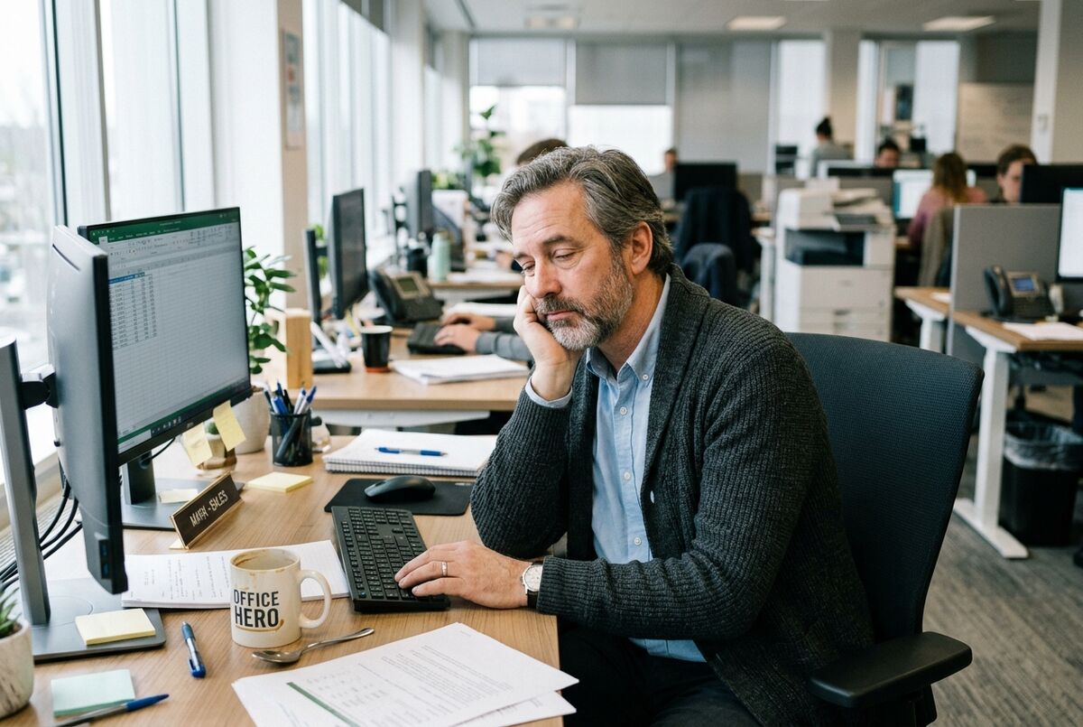 A man in his fifties at his desk in the afternoon, resting his chin on his hand and looking tired
