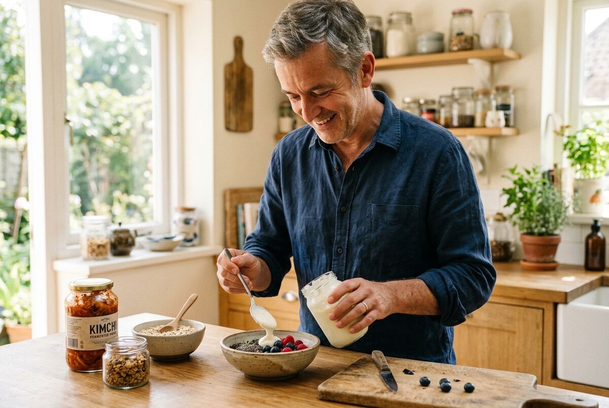 A man in his fifties making a breakfast bowl of yoghurt, berries and seeds