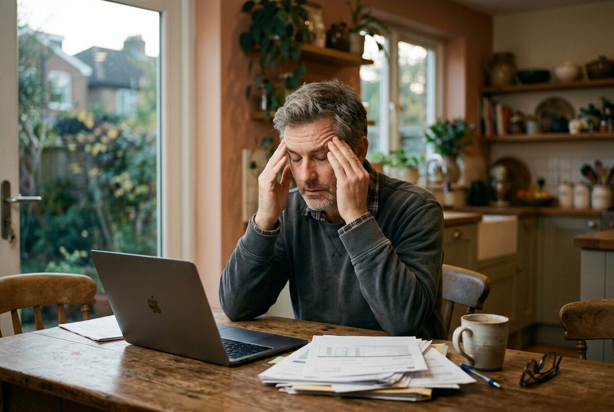 A man in his late forties at the kitchen table at the end of a long day, rubbing his temples