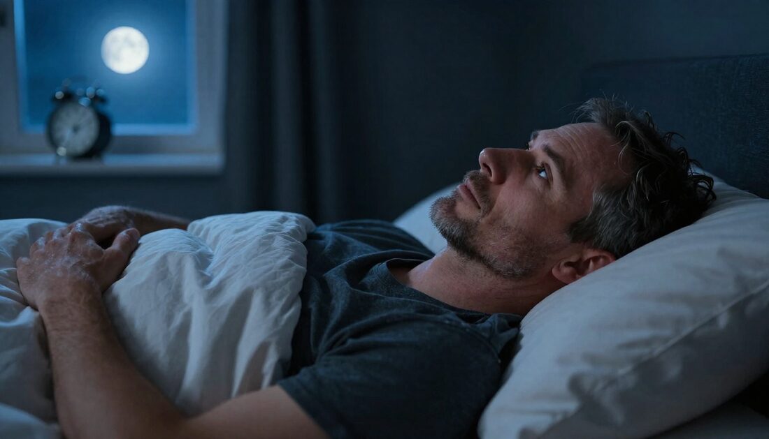 A man in his fifties lying awake in bed at night