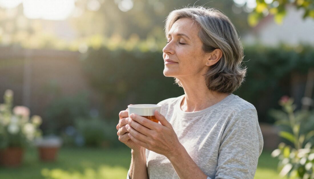 A woman in her fifties enjoying morning sunlight in her garden with a mug of tea