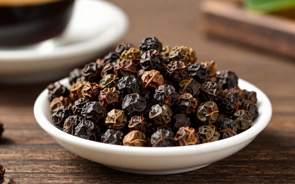 Dried evodia berries, the source of rutaecarpine, with an espresso behind