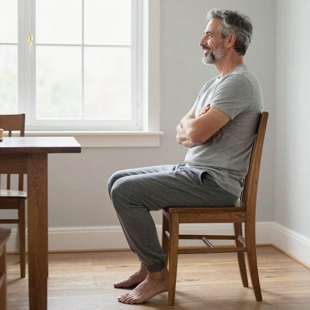 A man in his fifties sitting on a dining chair with arms crossed, ready to do the chair test