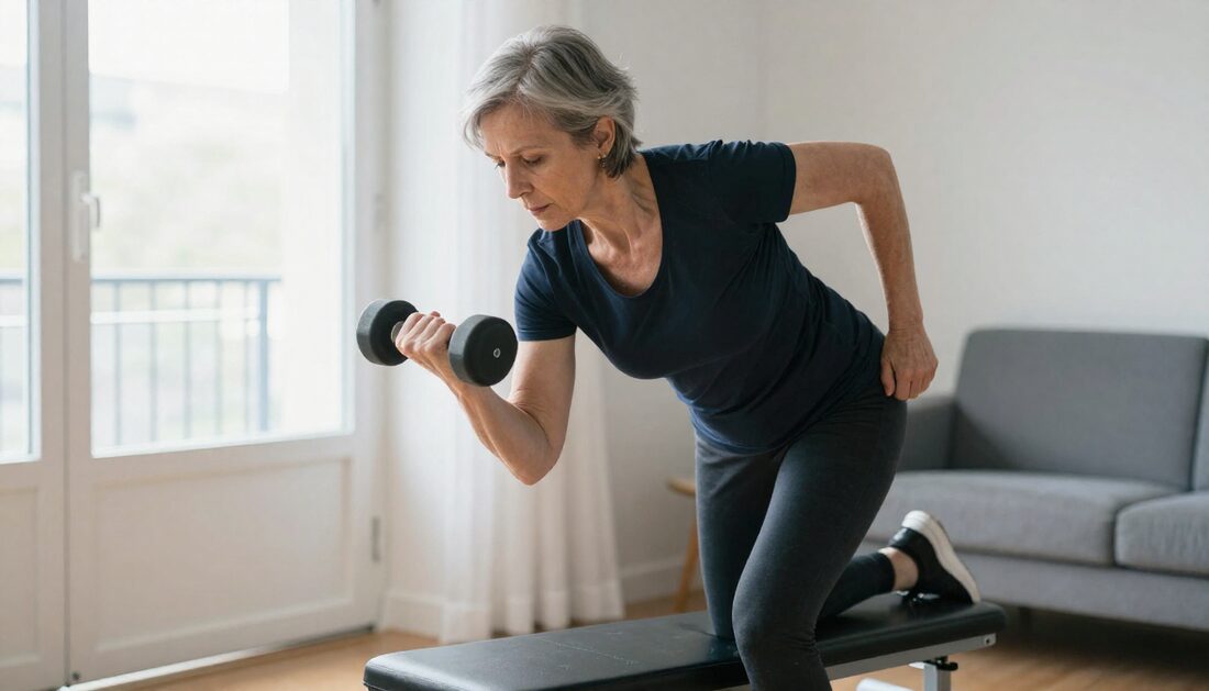 A woman in her late fifties doing a dumbbell exercise at home