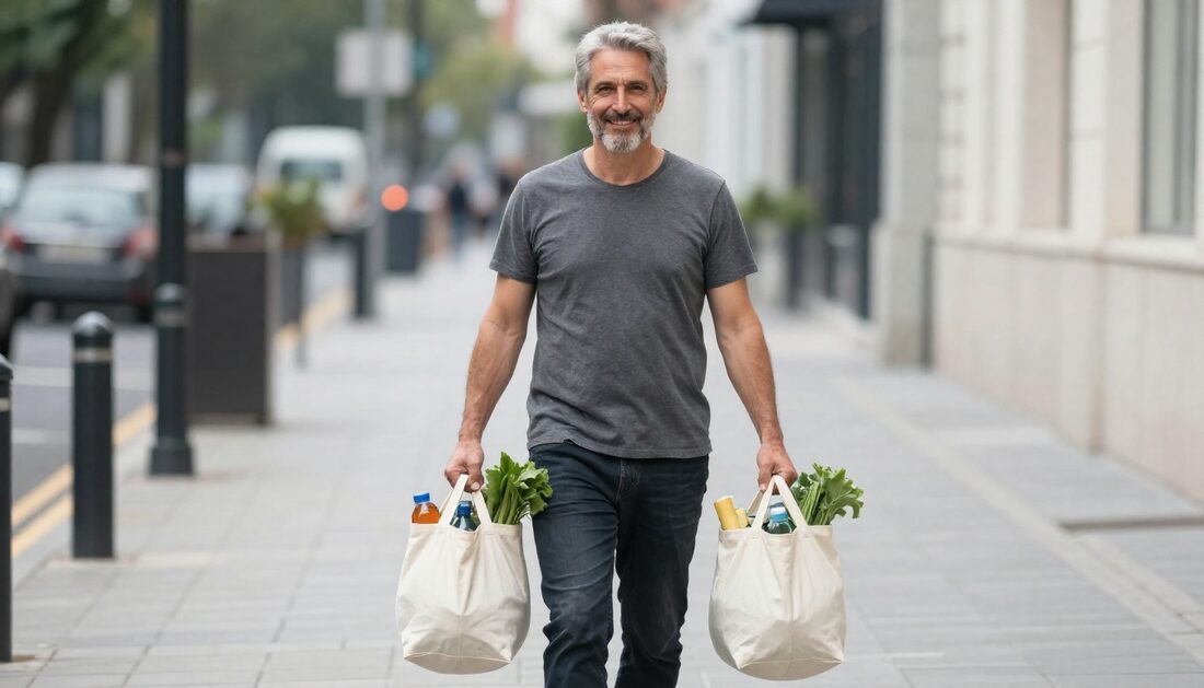 A man in his late fifties carrying two heavy shopping bags