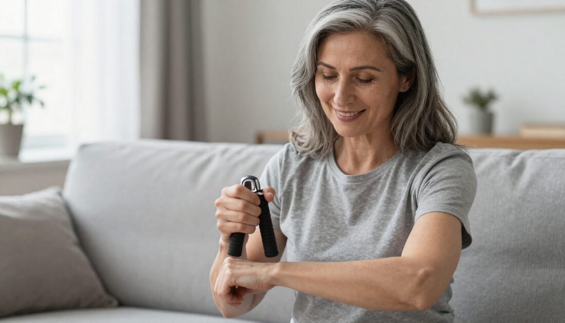 A woman in her fifties squeezing a hand grip trainer