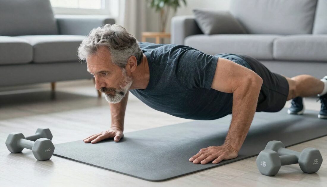 A man in his late fifties doing a press-up on a mat at home