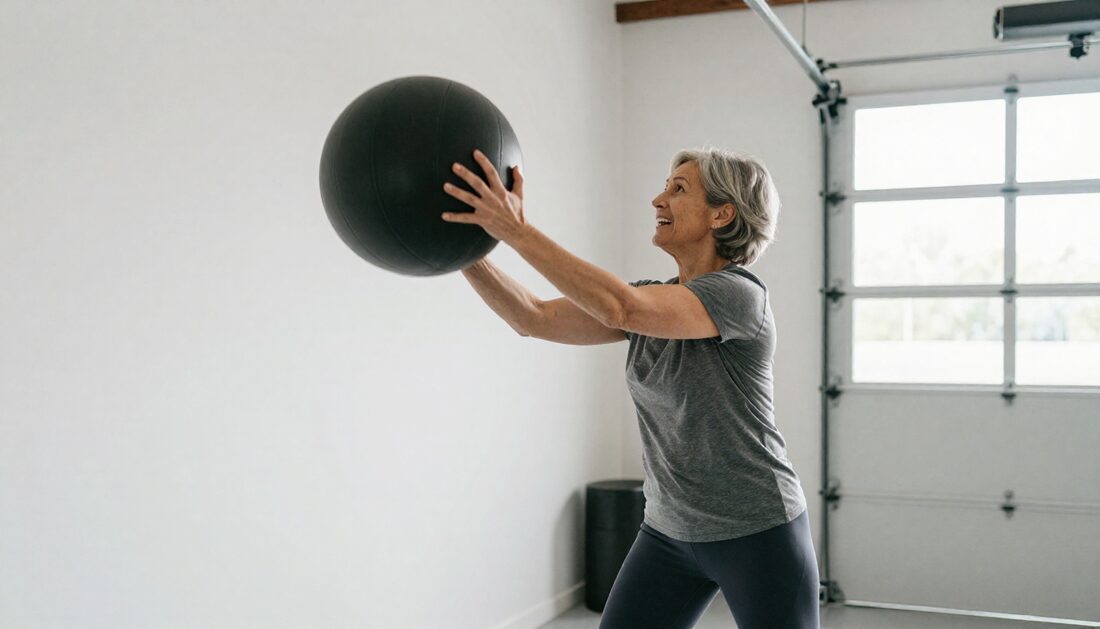 A woman in her fifties throwing a medicine ball against a wall