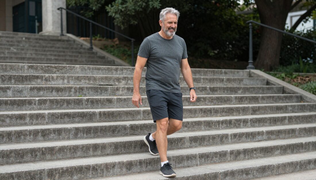 A man in his fifties walking briskly on outdoor steps